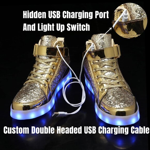 ⚡Unisex Glitter Gold USB Recharging High Top LED Light Up Casual Sneakers - Picture 4 of 6